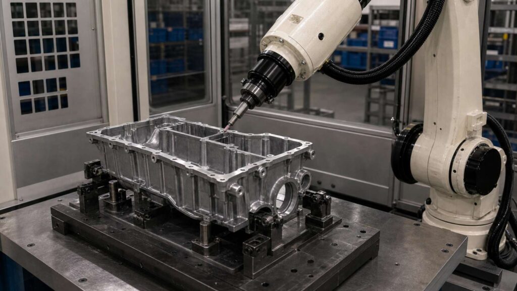 Aluminum Alloy Engine Oil Pan Assembly Robotic Deburring Solution 1 Aluminum Alloy Engine Oil Pan Assembly Robotic Deburring Solution