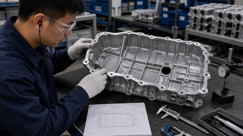 Aluminum Alloy Engine Oil Pan Assembly Robotic Deburring Solution 5 Quality inspection after robotic deburring of aluminum alloy engine oil pan assembly