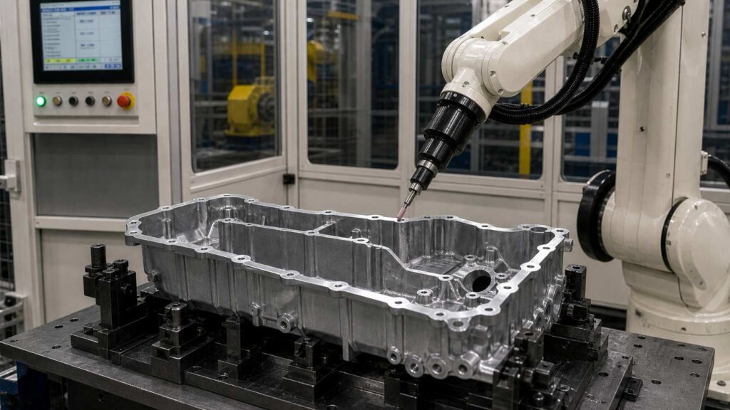 Aluminum Alloy Engine Oil Pan Assembly Robotic Deburring Solution 4 Robotic Deburring Process for Aluminum Alloy Engine Oil Pan Assembly