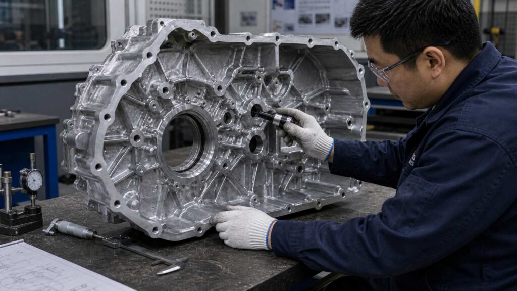 Quality inspection after robotic deburring and grinding of aluminum alloy CVT transmission main housing