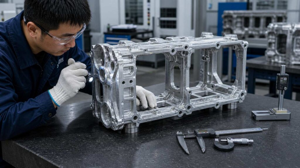 Quality inspection after robotic deburring of aluminum alloy cylinder block skirt frame