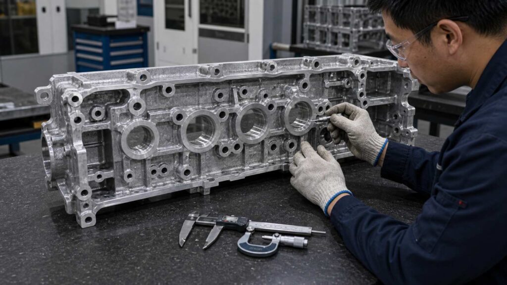 Quality inspection after robotic deburring of aluminum alloy engine bedplate side wall
