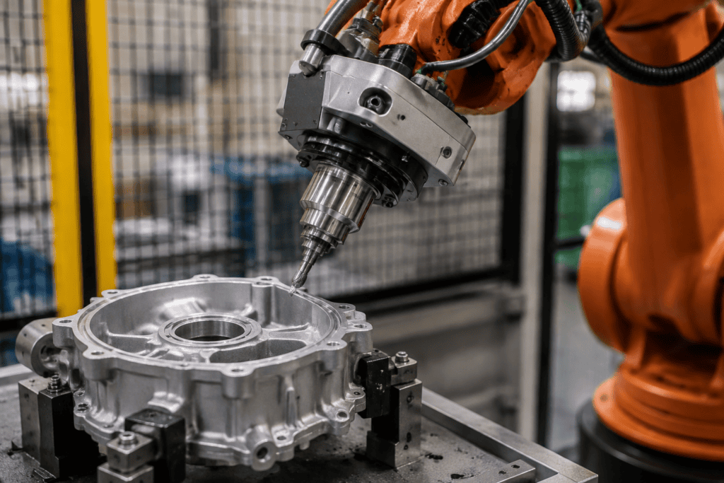 What Is Robotic Deburring? A Complete Guide 4 Robotic deburring cell removing burrs from an aluminum automotive housing