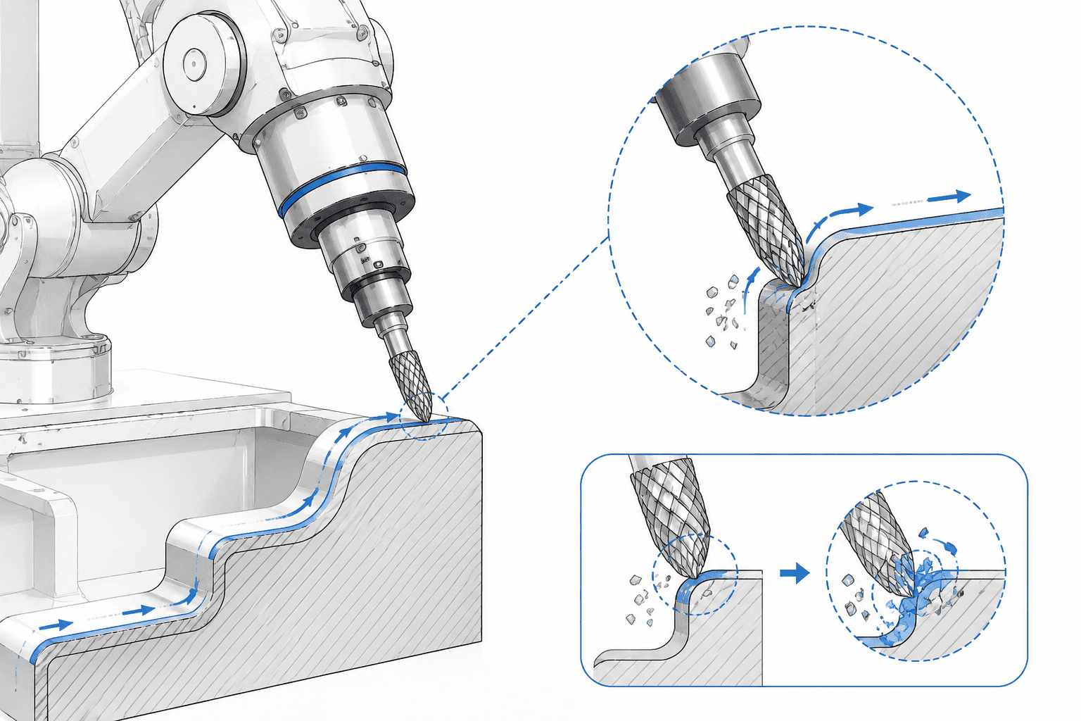 What Is Robotic Deburring? A Complete Guide 3 Diagram of the robotic deburring tool path principle