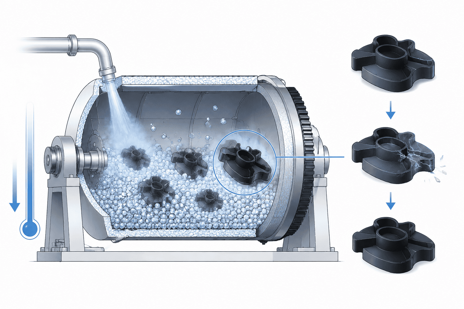 Cryogenic Deflashing: LN2 Flash Removal for Rubber Parts 3 Diagram of flash embrittlement at cryogenic temperature