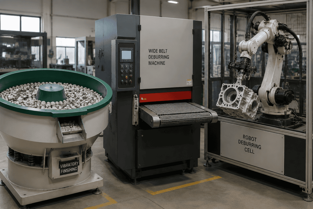 Types of Deburring Machines: Complete Selection Guide 5 Vibratory, wide-belt and robotic deburring machines in a finishing area