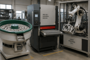 Vibratory, wide-belt and robotic deburring machines in a finishing area