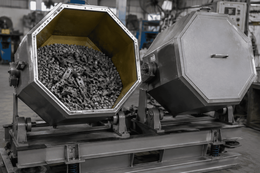 Tumble Deburring: A Practical Guide to Barrel Finishing 4 Octagonal barrel tumbling machine with abrasive rock media