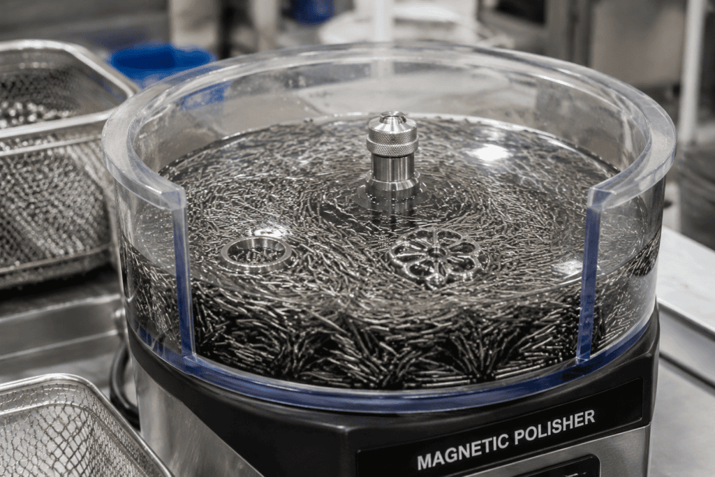 Magnetic polishing pins swirling around small parts in water