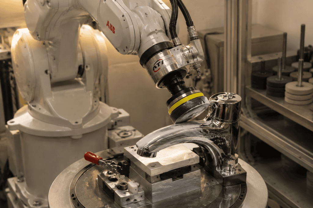 Robotic Polishing Machine: The Complete Selection Guide 1 Robotic polishing workstation polishing a chrome faucet