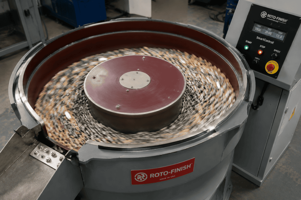 Centrifugal disc finishing machine top view