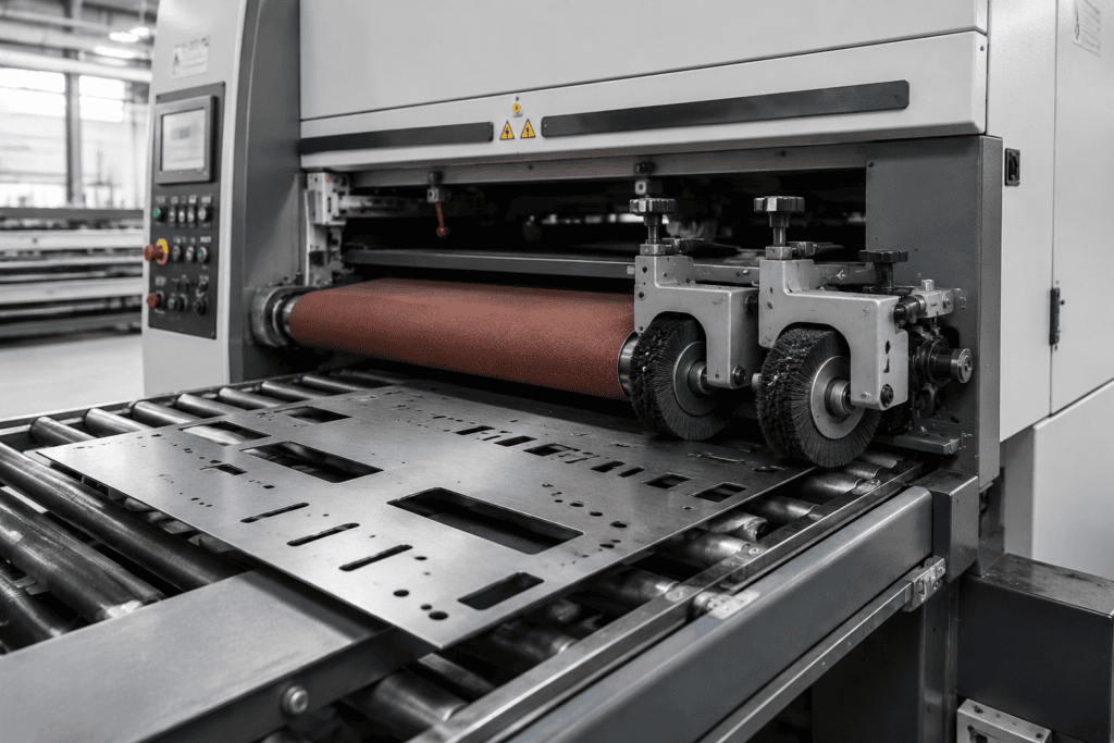 Wide-belt sheet metal deburring machine processing a steel sheet