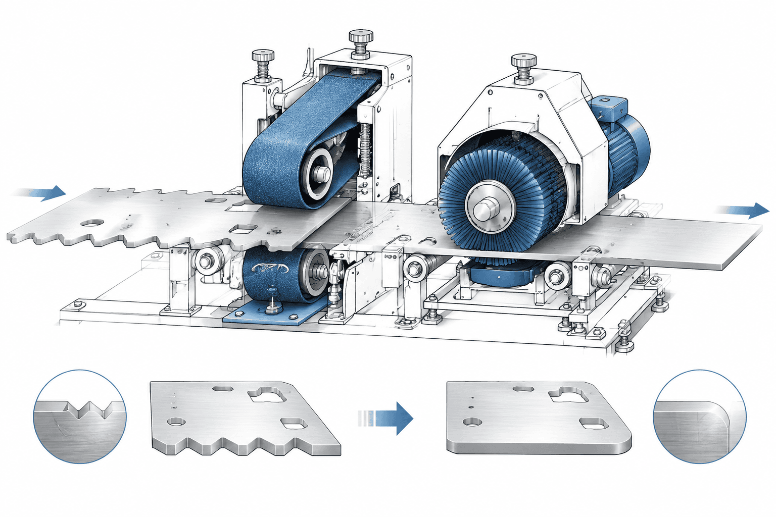 Diagram of sheet edge profile transformation through belt and brush