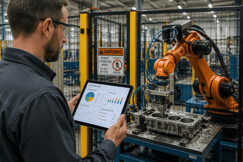 Engineer reviewing a robotic deburring cell with cost data on tablet
